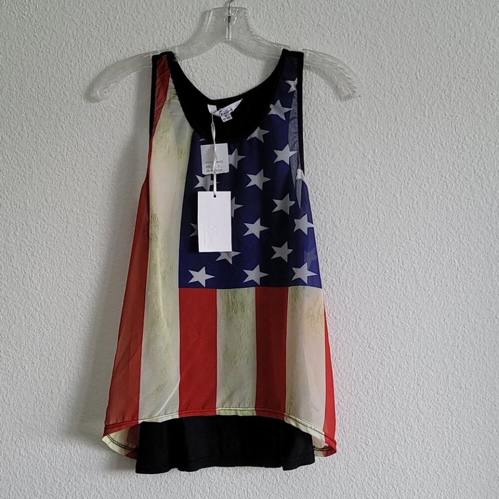 USA Tank Top American Flag Sleeveless High Low Hem Size Small Black